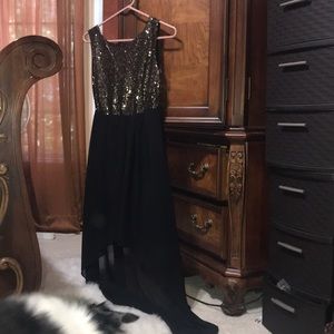 High low fit-n-flare black and gold sequin dress